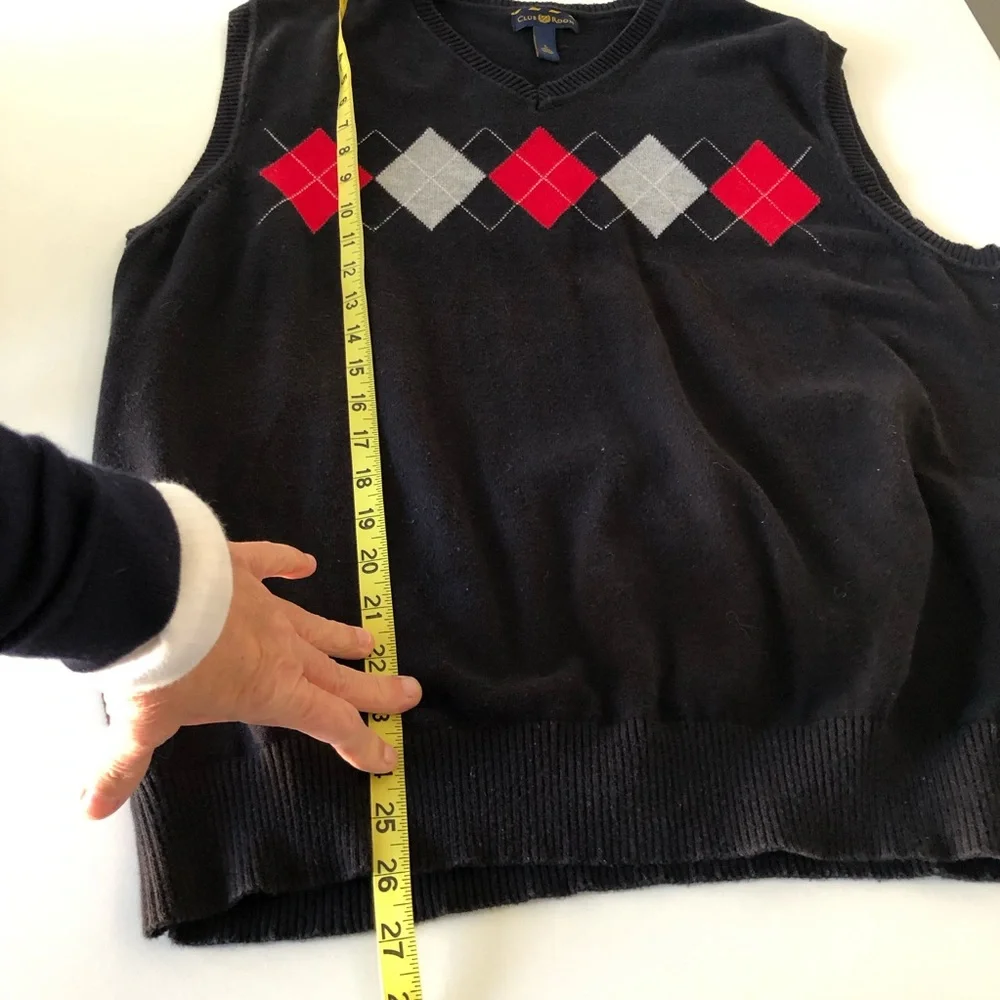 Club Room Men’s Argyle Sweater Vest L 100% Cotton Black Red Gray